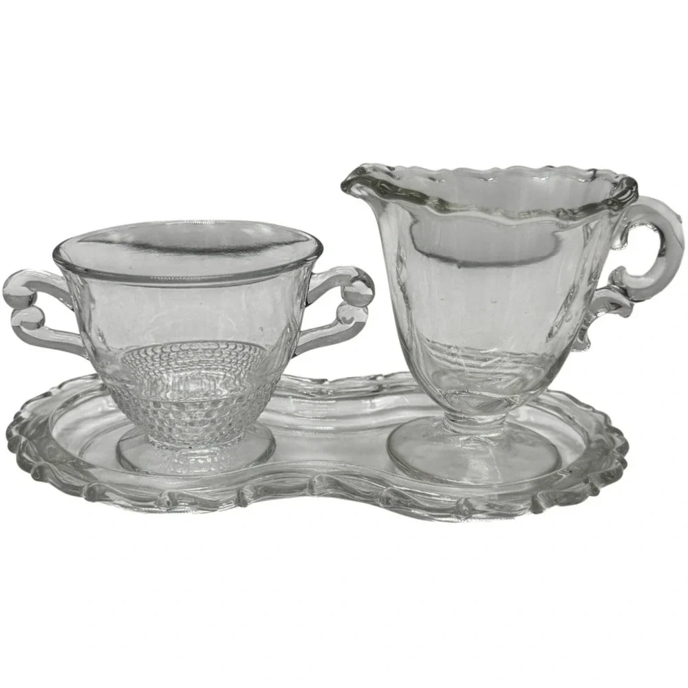 Vintage Clear Pressed Glass Creamer and Sugar Bowl Set with Scalloped Tray 3pc
